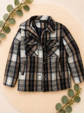 Kids Plaid Button-Up Jacket - Navy, Brown & Cream